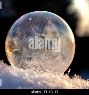 Eine gefrorene Schneeflocke in einer Seifenblase Stockfoto