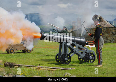 Kanone abfeuern, Anglesey Husaren, Fort Belan, Caernarfon, Gwynedd Stockfoto