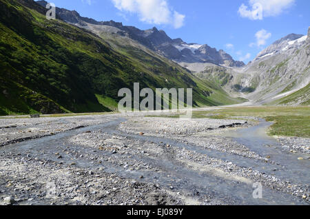 Schweiz, Europa, Graubünden, Graubünden, Breil, Brigels, Val Frisal, Tal, Pan, Flussaue, Brigel Hörner, Flem Stockfoto