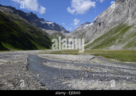 Schweiz, Europa, Graubünden, Graubünden, Breil, Brigels, Val Frisal, Tal, Pan, Flussaue, Brigel Hörner, Flem Stockfoto