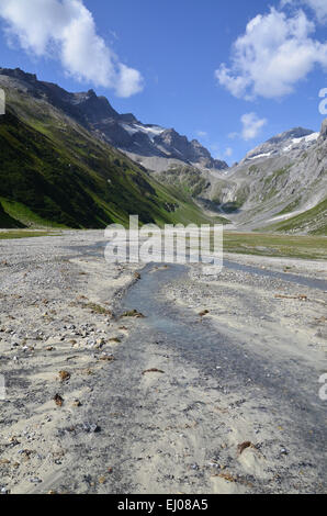 Schweiz, Europa, Graubünden, Graubünden, Breil, Brigels, Val Frisal, Tal, Pan, Flussaue, Brigel Hörner, Flem Stockfoto