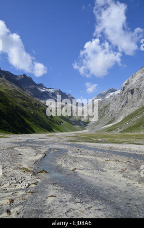 Schweiz, Europa, Graubünden, Graubünden, Breil, Brigels, Val Frisal, Tal, Pan, Flussaue, Brigel Hörner, Flem Stockfoto