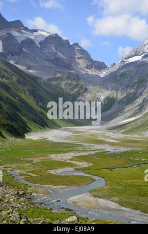 Schweiz, Europa, Graubünden, Graubünden, Breil, Brigels, Val Frisal, Tal, Pan, Flussaue, Brigel Hörner, Flem Stockfoto