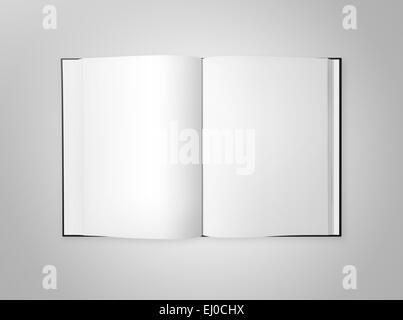 Offenes Buch mit leeren Seiten, isoliert auf einem grauen Hintergrund. Stockfoto