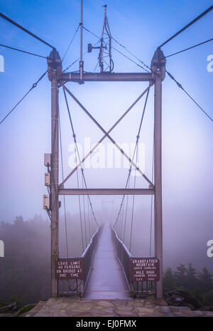 Die Mile High Swinging Brücke im Nebel, am Grandfather Mountain, North Carolina. Stockfoto