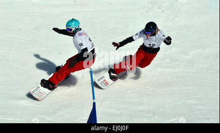 VEYSONNAZ, Schweiz - März 11: GODINO (ITA) führt VUAGNOUX (FRA) im Snowboard Cross-Weltcup: 11. März 2014 in Veysonnaz Stockfoto