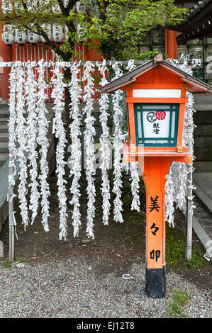 O-mikuji (Glücksschreiber), gebunden an einen Kirschbaum im Yasaka-Schrein, einem Shinto-Tempel im Stadtteil Gion in Kyoto, Japan Stockfoto