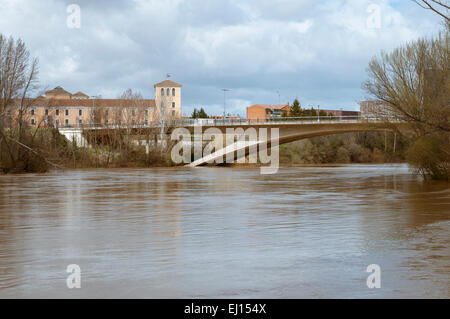 Pisuerga Fluss überschwemmt, während es die Stadt Valladolid, Kastilien und Leon, Spanien durchläuft Stockfoto