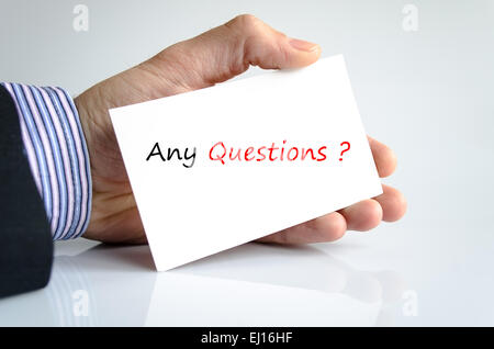 Bussines Mann Hand mit Text Any Questions Stockfoto