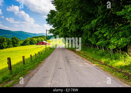 Scheune und Felder entlang einer Landstraße im ländlichen Potomac Hochland von West Virginia. Stockfoto