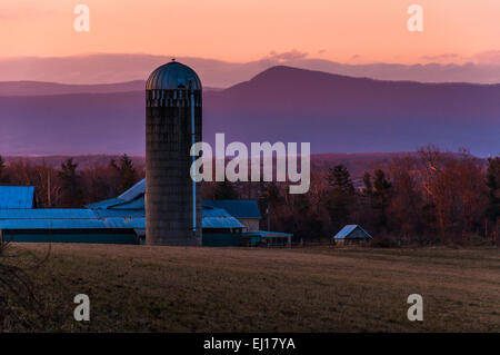 Scheune und Silo im Shenandoah Valley bei Sonnenuntergang, mit Massanutten Berg hinter, auf einem Bauernhof in der Nähe von Luray, Virginia Stockfoto