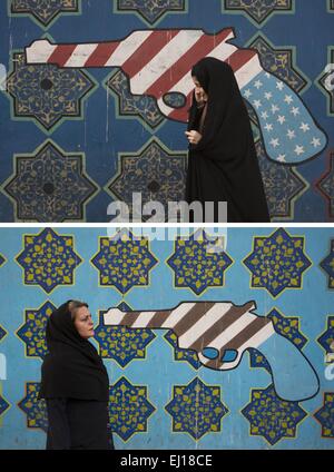 Teheran, Iran. 19. März 2015. 19. März 2015 vorbeigehen ein Wandbild an der Wand der ehemaligen US-Botschaft in zentralen Teheran - Teheran - Datei Fotos, 20. Januar 2009 (oben) und 9. Oktober 2013, iranische Frauen zeigen. Nach mehr als drei Jahrzehnten, Iran und USA beschlossen haben, von Angesicht zu Angesicht miteinander auf dem Schreibtisch über Irans Atomprogramm sprechen, auch versuchen, die schwarzen Atmosphäre zwischen beiden Ländern zu ändern und Sie dies sehen können, wenn Sie auf Anti-US-Wandbilder zurückblicken die ich seit dem Jahr 2000 erinnern und mit Wandmalereien an Wänden der ehemaligen US-Botschaft heute vergleichen kann. US-Flagge auf einem p Stockfoto