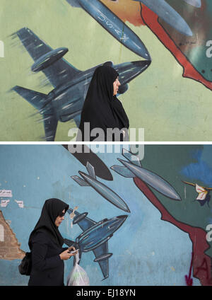 Teheran, Iran. 19. März 2015. 19. März 2015 vorbeigehen ein Wandbild an der Wand der ehemaligen US-Botschaft in zentralen Teheran - Teheran - Datei Fotos, 26. April 2008 (oben) und 9. Oktober 2013, iranische Frauen zeigen. Nach mehr als drei Jahrzehnten, Iran und USA beschlossen haben, von Angesicht zu Angesicht miteinander auf dem Schreibtisch über Irans Atomprogramm sprechen, auch versuchen, die schwarzen Atmosphäre zwischen beiden Ländern zu ändern und Sie dies sehen können, wenn Sie auf Anti-US-Wandbilder zurückblicken die ich seit dem Jahr 2000 erinnern und mit Wandmalereien an Wänden der ehemaligen US-Botschaft heute vergleichen kann. US-Flagge auf einem pis Stockfoto