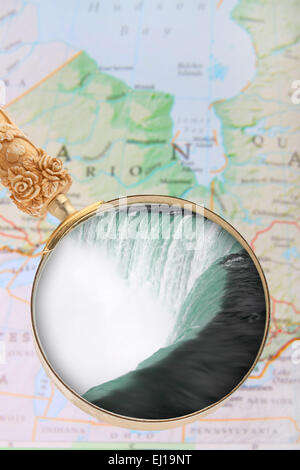 Suchen in auf Niagara Falls, mit Karte von Ontario, Kanada Stockfoto