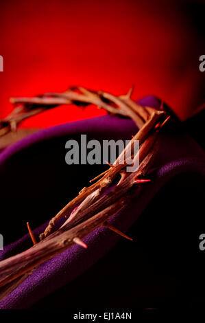 Nahaufnahme von der der Dornenkrone Jesu Christi auf einem lila Stoff Stockfoto