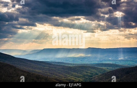 Dämmerungsaktiv Strahlen über das Shenandoah-Tal, von Skyline Drive im Shenandoah-Nationalpark, Virginia gesehen. Stockfoto