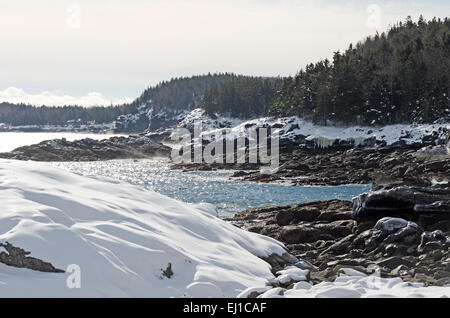Meer Rauch steigt an einem bitter kalten Wintermorgen im Acadia National Park, Bar Harbor, Maine. Stockfoto