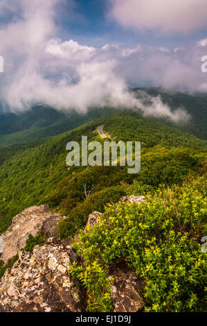 Nebel und niedrige Wolken über den Blue Ridge Mountains, von kleinen steinigen Mann Klippen im Shenandoah-Nationalpark, Virginia gesehen. Stockfoto