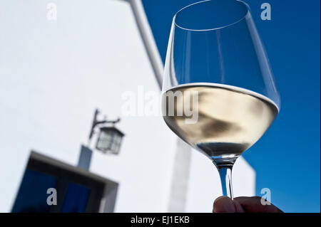 WEISSWEINGLAS BLAUER HIMMEL IM FREIEN ein Glas gekühlter Weißwein im Freien, in einer sonnigen Weinprobe Stockfoto