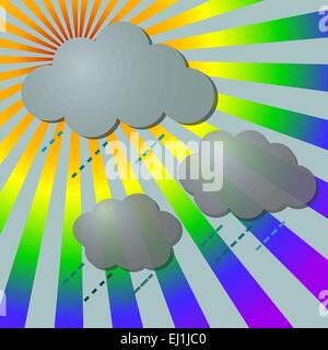 Regnerisch im Regenbogen Strahlen mit Wolken, Vektor-illustration Stock Vektor