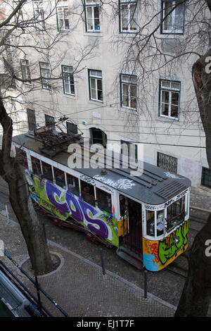 Glória Standseilbahn zwischen Baixa und Bairro Alto in Lissabon - Portugal Stockfoto