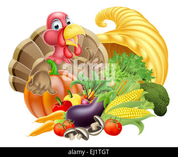 Thanksgiving Cartoon Türkei Vogel mit Füllhorn voll von Produkten Stockfoto