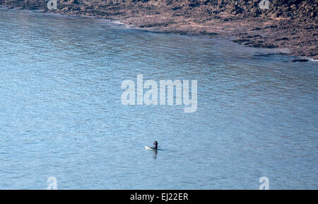 Swansea, Großbritannien, 20. März 2015. Ein einsamer Paddleboarder gerade aus dem Meer bei Langland Bucht in der Nähe von Swansea heute eclipse Solar. Bildnachweis: Phil Rees/Alamy Live-Nachrichten Stockfoto