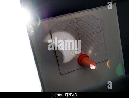 Dresden, Deutschland. 20. März 2015. Die Sonnenfinsternis wird durch einen Spiegel in einem sogenannten Solarscope in Dresden, Deutschland, 20. März 2015 angezeigt. In Europa kann eine partielle Sonnenfinsternis beobachtet werden. Foto: ARNO BURGI/Dpa/Alamy Live-Nachrichten Stockfoto