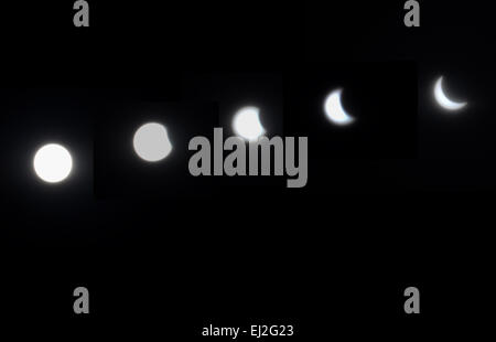 Hamburg, Deutschland. 20. März 2015. Bild-COMBO - eine Bild-Combo zeigt die partielle Sonnenfinsternis von der Hamburger Sternwarte in Hamburg, Deutschland, 20. März 2015. Foto: Ulrich Perrey/Dpa/Alamy Live News Stockfoto