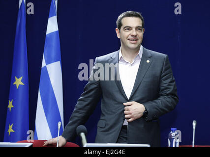 Brüssel, Belgien. 20. März 2015. Griechenlands Premierminister Alexis Tsipras besucht eine Pressekonferenz nach dem Gipfel der Europäischen Union (EU) im EU-Hauptquartier in Brüssel, Belgien, 20. März 2015. Bildnachweis: Ye Pingfan/Xinhua/Alamy Live-Nachrichten Stockfoto