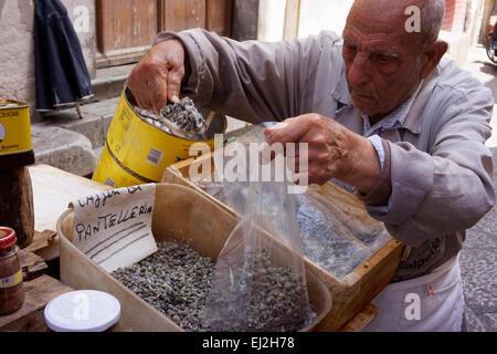 Die berühmten Kapern von Pantelleria zum Verkauf in Capo Straßenmarkt, Palermo, Sizilien. Stockfoto