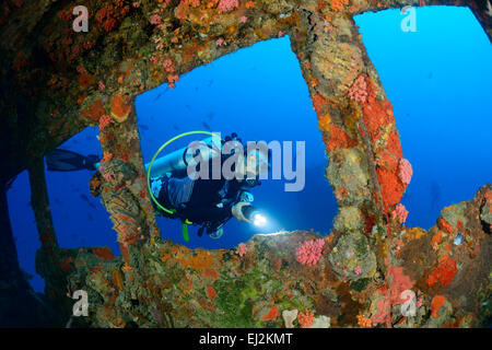 Schiffbruch erleiden Sie Schiffbruch Kudhi Maa, MV Kudhi Maa Malediven und Scuba Diver, Mahchafushi, Malediven, Indischer Ozean Stockfoto