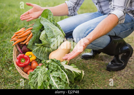 Hübscher Bauer mit Korb mit Gemüse Stockfoto