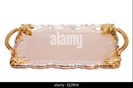 Leere Silbertablett mit Blatt-Ornament, Isolated On White Background Stockfoto