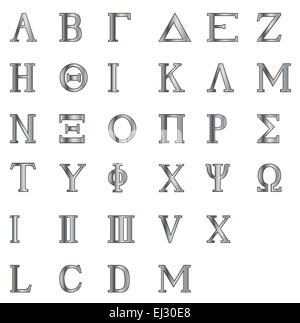 Die Buchstaben des griechischen Alphabets mit Zahlen auf einem weißen Hintergrund Stockfoto