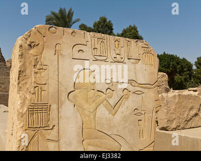 Nahaufnahme eines schönen Relief des Königs in einem Block in der Open Air Museum in Karnak Tempel Luxor, Oberägypten Stockfoto