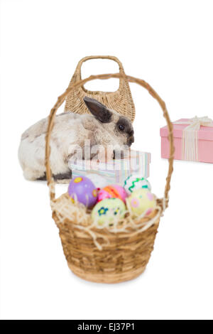 Osterhase mit Geschenkboxen und Weidenkorb Stockfoto
