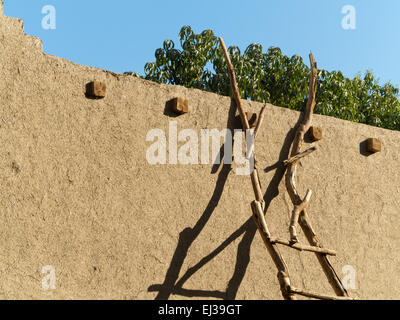 Nahaufnahme von einer Fläche von Schlamm Schlamm-Mauer, mit einer Leiter aus Zweigen dagegen Ägypten Afrika aus gerendert Stockfoto