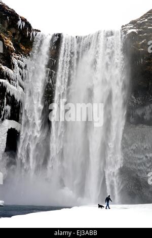 Einsamer Mann geht Hund vor Skogafoss Wasserfall Island im Schnee im winter Stockfoto