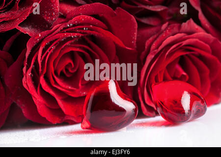 rote Rosen Blumen und zwei Herzen, konzentrieren sich auf den Vordergrund Stockfoto