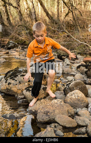 Sieben Jahre alten barfuß junge Klettern auf Felsen in Snoqualmie River in der Nähe von North Bend, Washington, USA Stockfoto