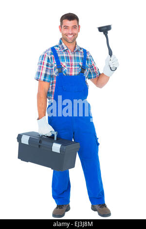 Porträt von glücklich Klempner mit Kolben und toolbox Stockfoto