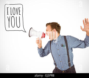 Zusammengesetztes Bild geeky Hipster über Megaphon schreien Stockfoto