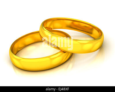 Goldene Hochzeit Ringe auf weißem Hintergrund Stockfoto