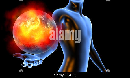 Die globale Erwärmung in den Händen der Menschheit. 3D Illustration. Stockfoto