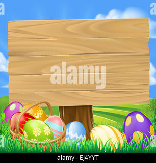 Easter Egg Hunt Cartoon Zeichen mit einem Korb voller Ostereier in sanfte grüne Hügel Stockfoto