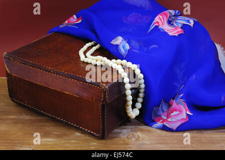 Leder-Etui, weiße Knochen Perlen und Seide Schal Stockfoto