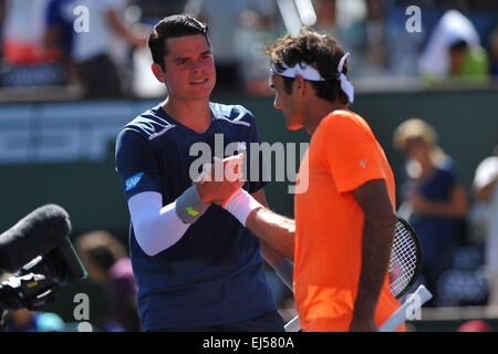 Indische Brunnen, Kalifornien USA. 21. März 2015. Roger Federer (Sui) besiegt Milos Raonic (Can) im Halbfinale an den BNP Paribas Open, Indian Wells Tennis Garden, Indian Wells, CA © Action Plus Sport/Alamy Live News Stockfoto