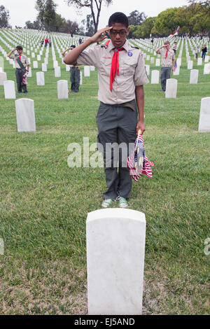 Boyscout salutieren eines 85, 000 uns Flaggen auf 2014 Memorial Day Event, Los Angeles National Cemetery, Kalifornien, USA Stockfoto