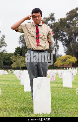 Boyscout salutieren eines 85, 000 uns Flaggen am Memorial Day Jahresveranstaltung, Los Angeles National Cemetery, Kalifornien, USA Stockfoto